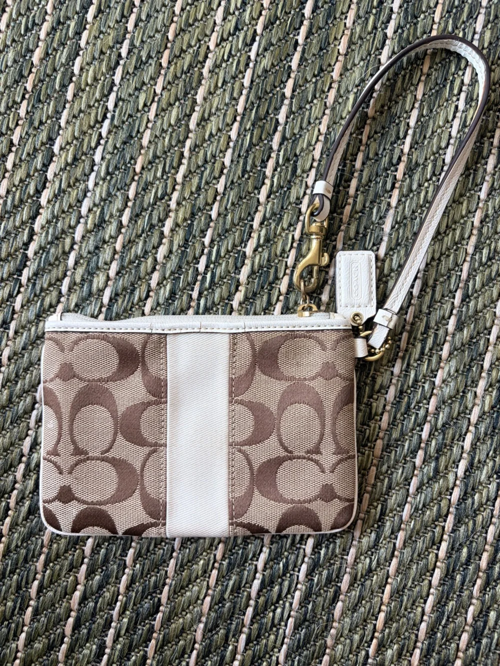 Coach Brown and Cream Signature Canvas Wristlet with Gold Hardware